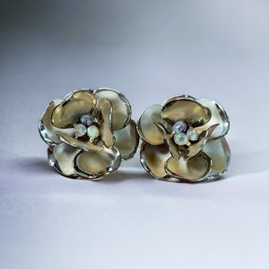 Vintage Bright Yellow Gold Tone Enamel Painted Metal Rhinestone Flower Clip Ons